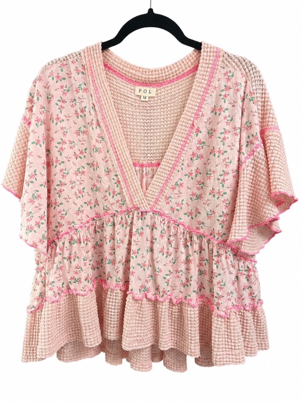 NEW POL Floral Waffle Knit Babydoll Tunic Pink Boho Flutter Sleeve Top M - Picture 3 of 6